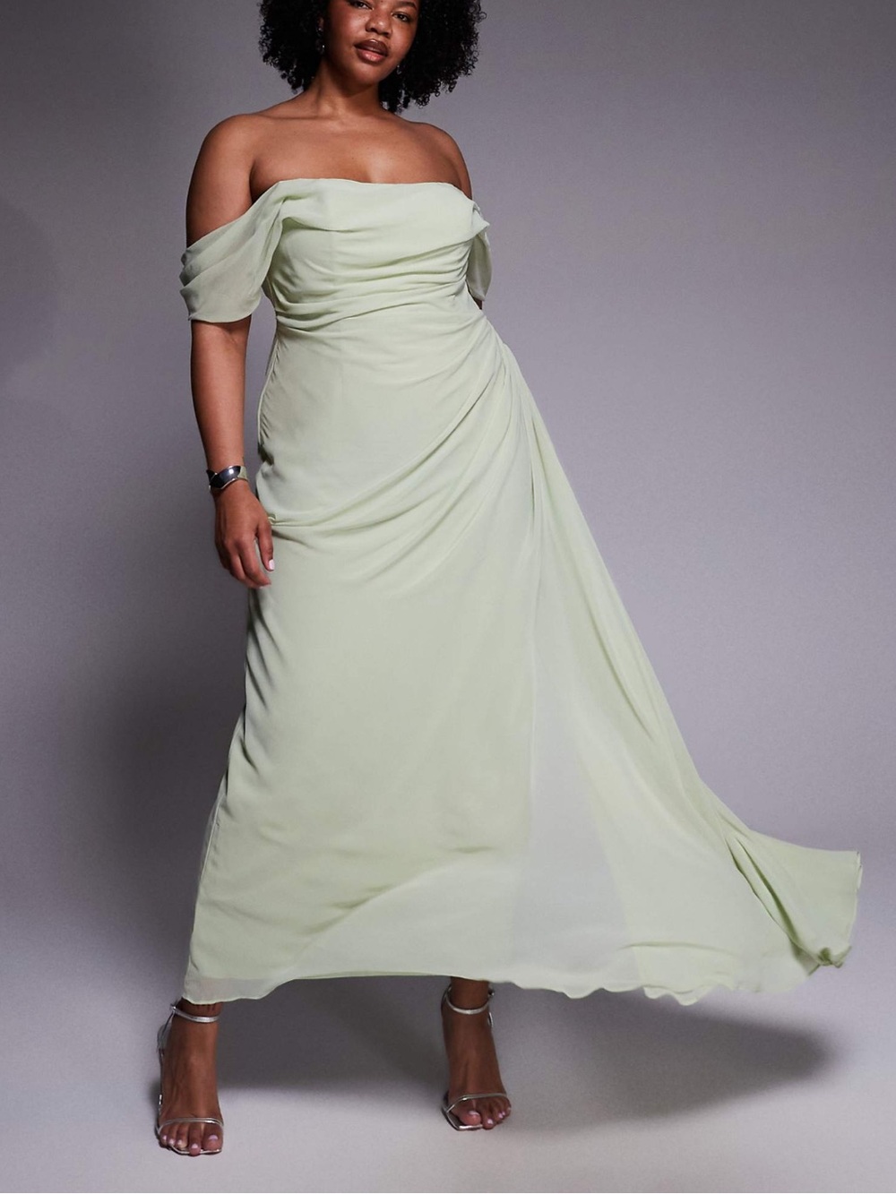ASOS DESIGN Curve Sage Green Off Shoulder Maxi Bridesmaid Dress US 14